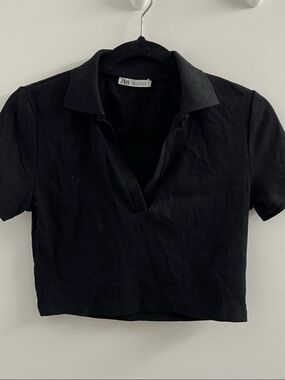 ZARA Black Ribbed Polo Crop Top